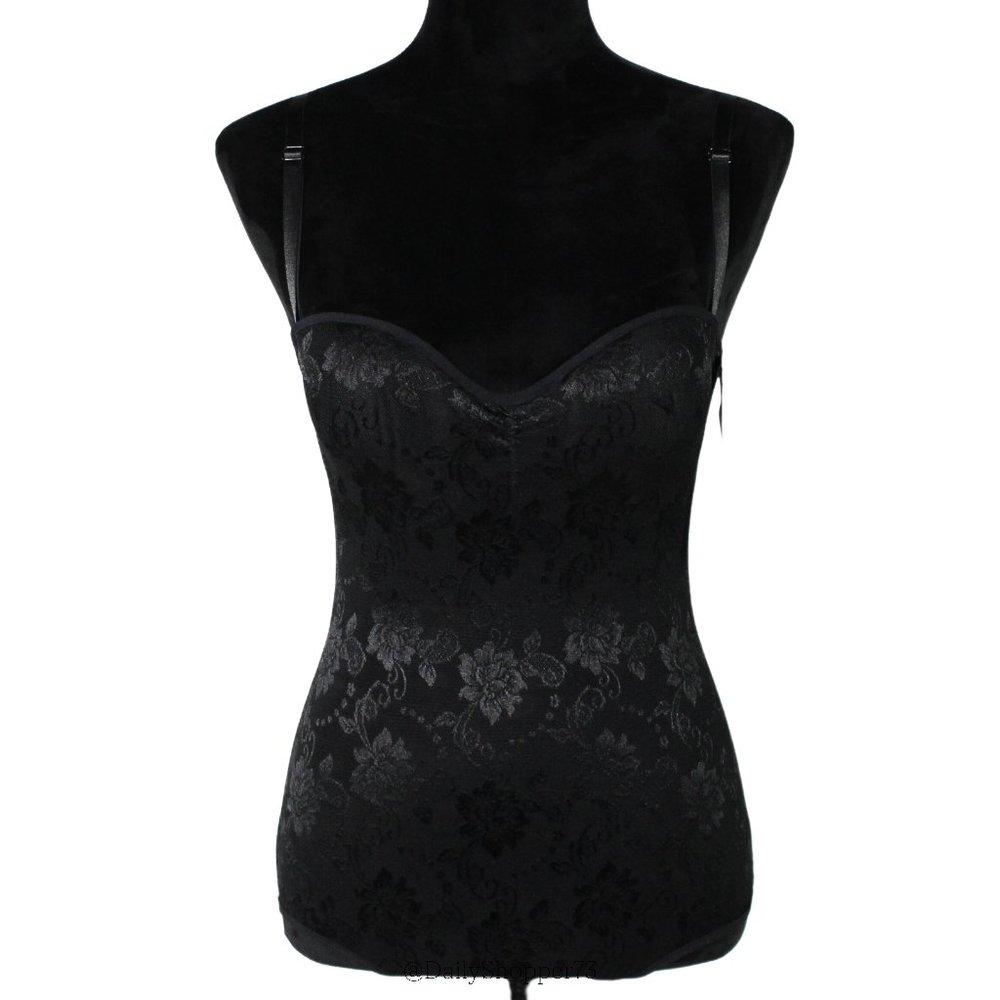 Heavenly Secrets Shapewear Women's Black Floral Power Mesh Molded Cup Bodysuit